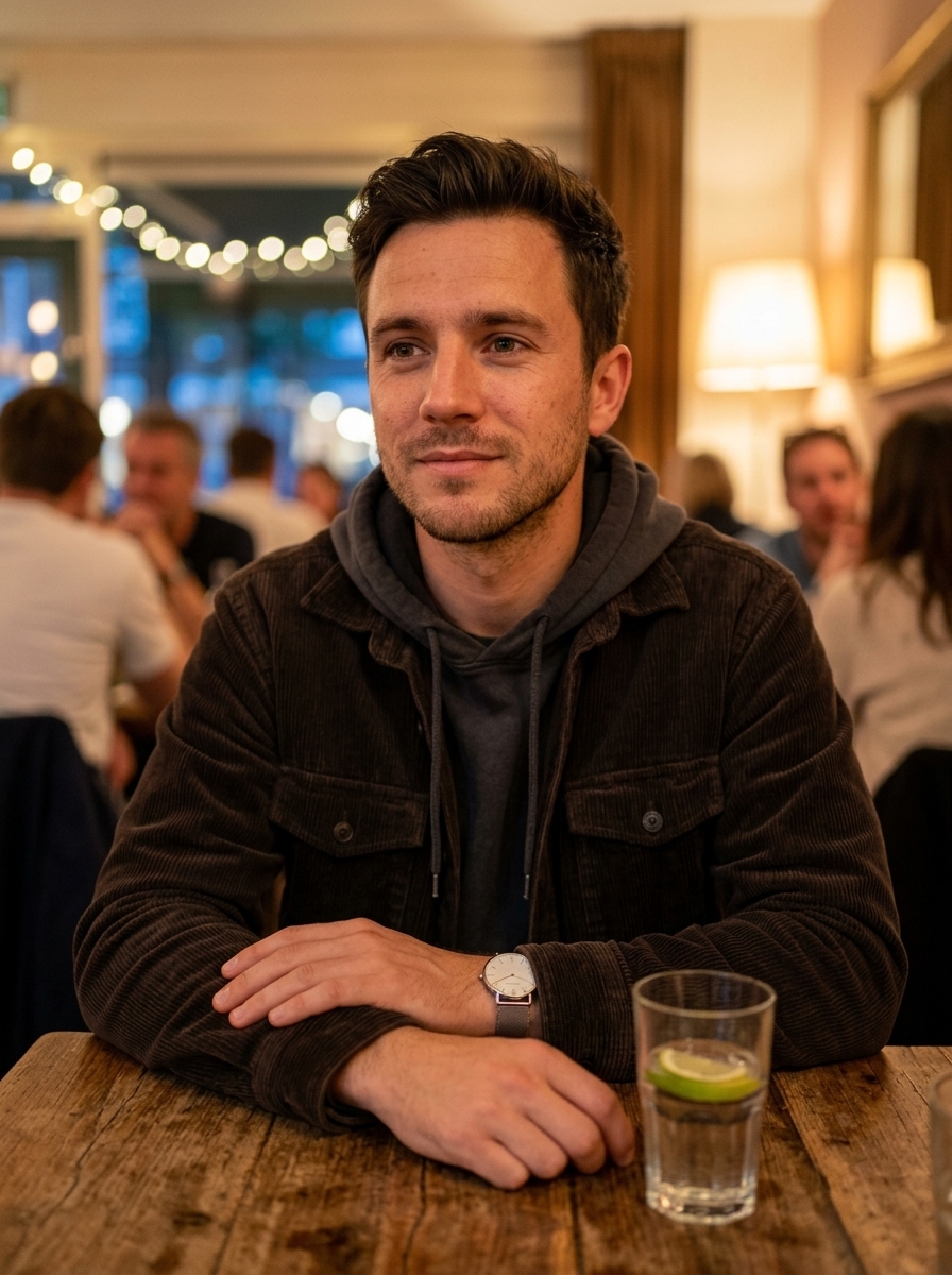 AI-generated photo of a man in a cozy evening restaurant