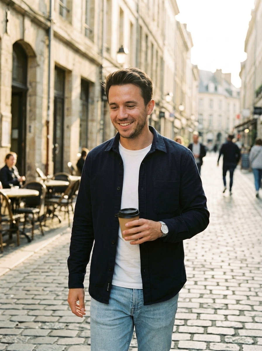 AI-generated photo of a man enjoying coffee on a city street