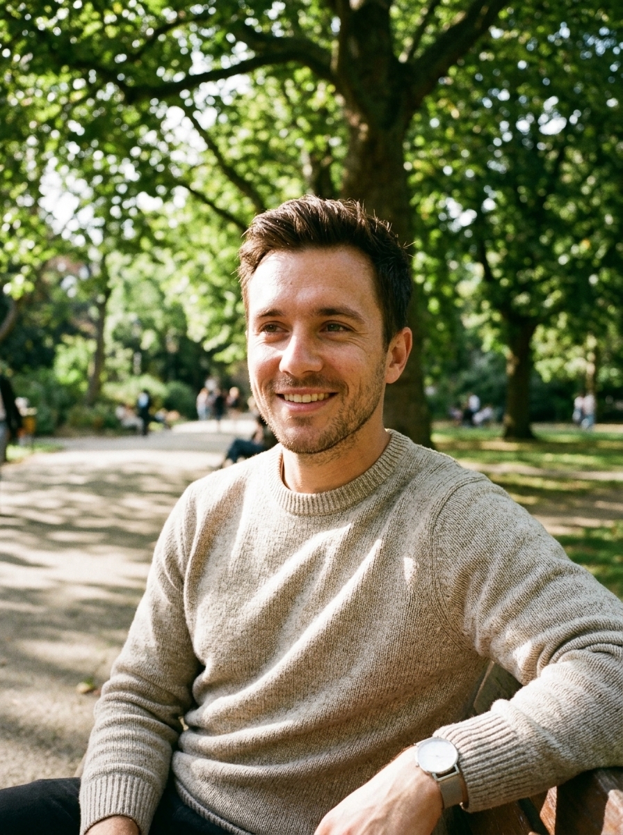 AI-generated photo of a man smiling in a sunny park